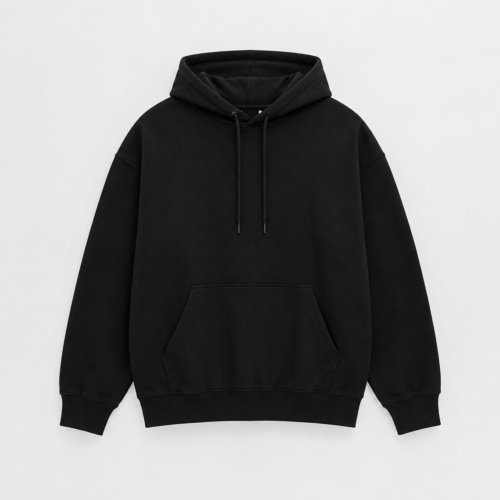Black oversized cotton hoodie, front view