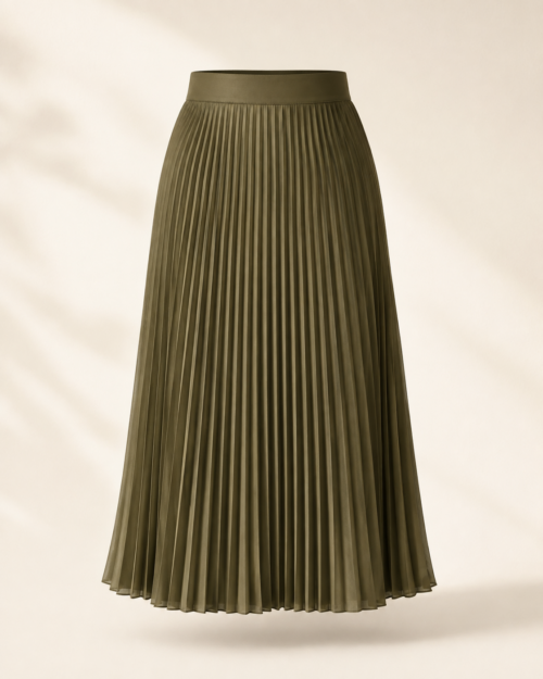 Olive Pleated Midi Skirt — front view