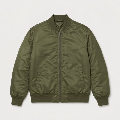 Olive bomber jacket, front view